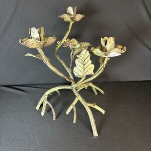 Vintage Green Patina Rustic Iron Three Taper Candle Holder Holiday Centerpiece